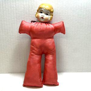 Antique 1930's Pin Cushion Hat Pin Bisque Head Satin Body‎ Doll Coral Color RARE